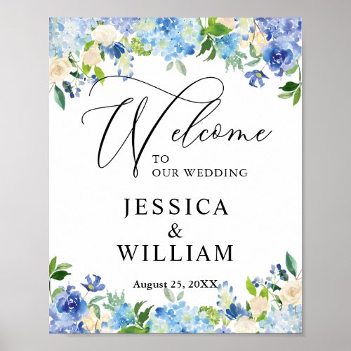 Blue Hydrangea  Greenery Chic Wedding Welcome Poster