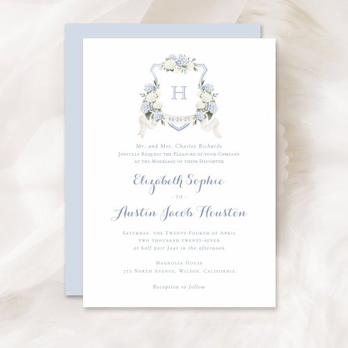 Blue Hydrangea Greenery Crest Monogram Wedding Invitation