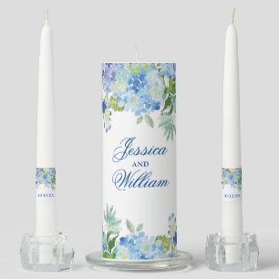 Blue Hydrangea Greenery Floral Unity Candle Set