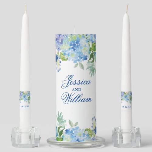 Blue Hydrangea Greenery Floral Unity Candle Set