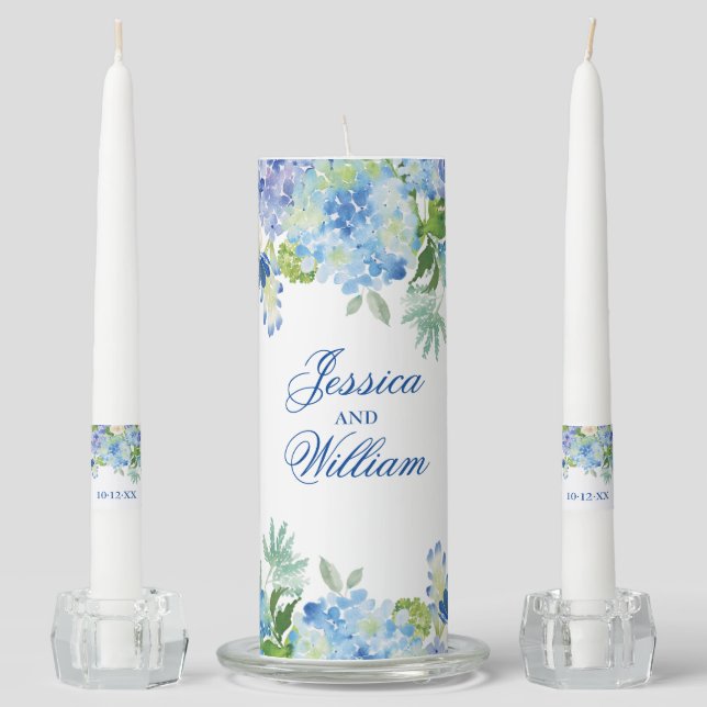 Blue Hydrangea Greenery Floral Unity Candle Set (Front)