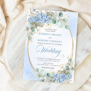 Blue Hydrangea Greenery Gold Oval Wedding Invite