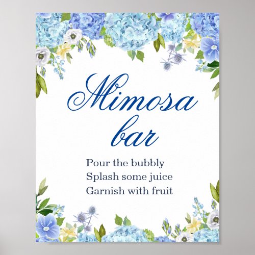 Blue Hydrangea Greenery Mimosa Bar Sign Poster