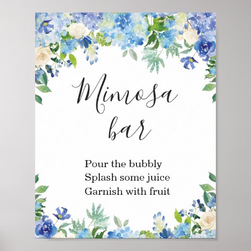 Blue Hydrangea Greenery Mimosa Bar Sign Poster