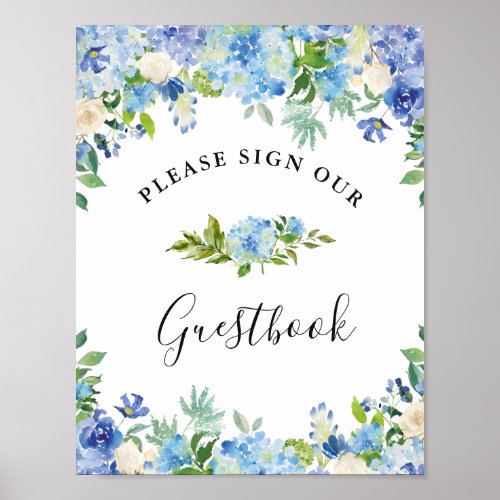 Blue Hydrangea Greenery Sign Our Guestbook Poster