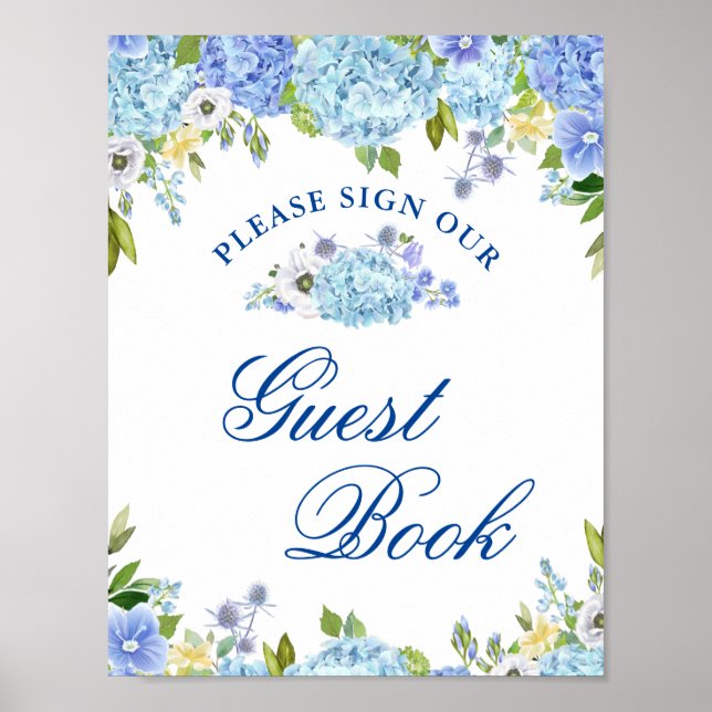 Blue Hydrangea Greenery Sign Our Guestbook Poster (Front)