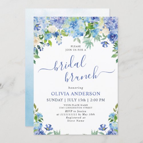 Blue Hydrangea Greenery Watercolor Bridal Brunch Invitation