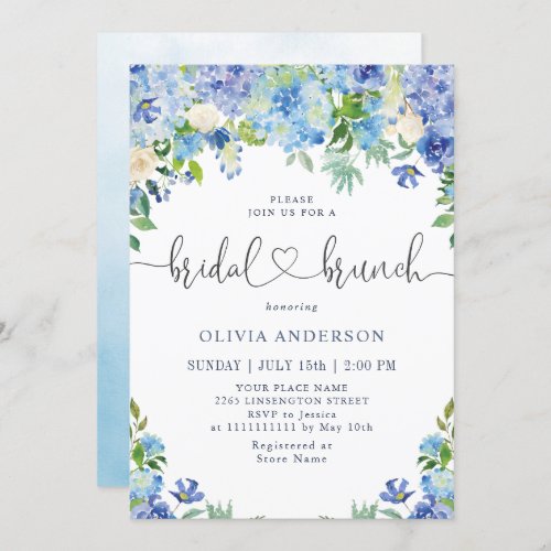 Blue Hydrangea Greenery Watercolor Bridal Brunch Invitation