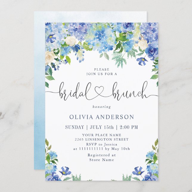 Blue Hydrangea Greenery Watercolor Bridal Brunch Invitation (Front/Back)
