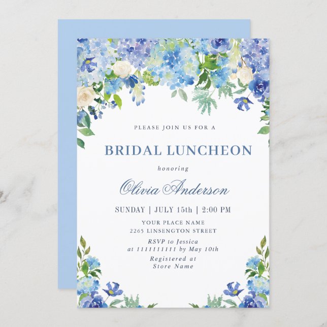 Blue Hydrangea Greenery Watercolor Bridal Luncheon Invitation (Front/Back)