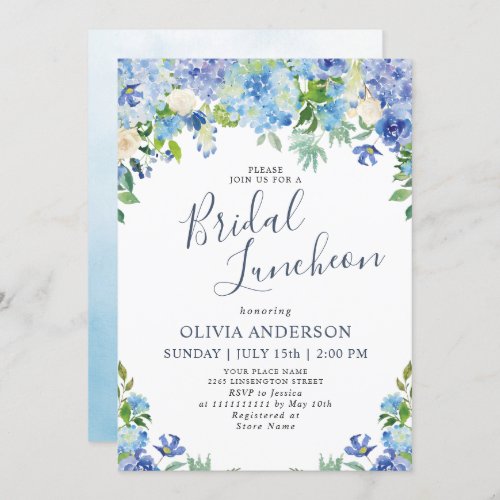 Blue Hydrangea Greenery Watercolor Bridal Luncheon Invitation