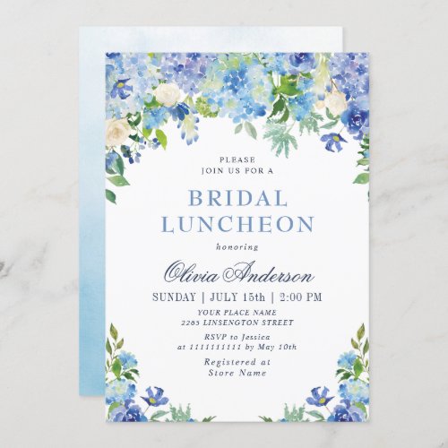 Blue Hydrangea Greenery Watercolor Bridal Luncheon Invitation