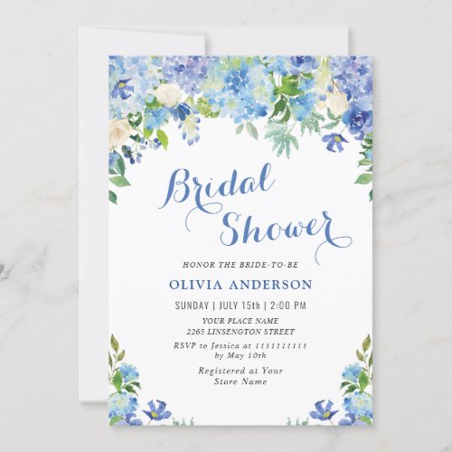 Blue Hydrangea Greenery Watercolor Bridal Shower Invitation