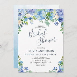 Blue Hydrangea Greenery Watercolor Bridal Shower Invitation