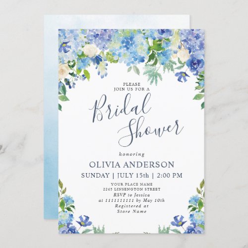 Blue Hydrangea Greenery Watercolor Bridal Shower Invitation