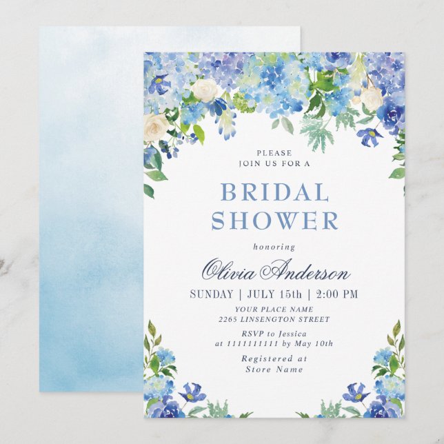 Blue Hydrangea Greenery Watercolor Bridal Shower Invitation (Front/Back)