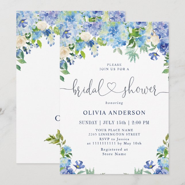 Blue Hydrangea Greenery Watercolor Bridal Shower Invitation (Front/Back)