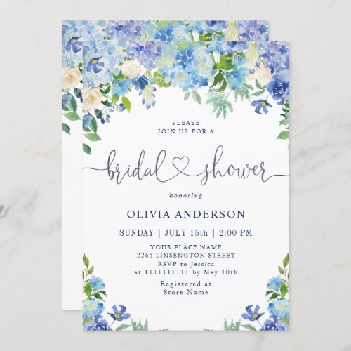 Blue Hydrangea Greenery Watercolor Bridal Shower Invitation