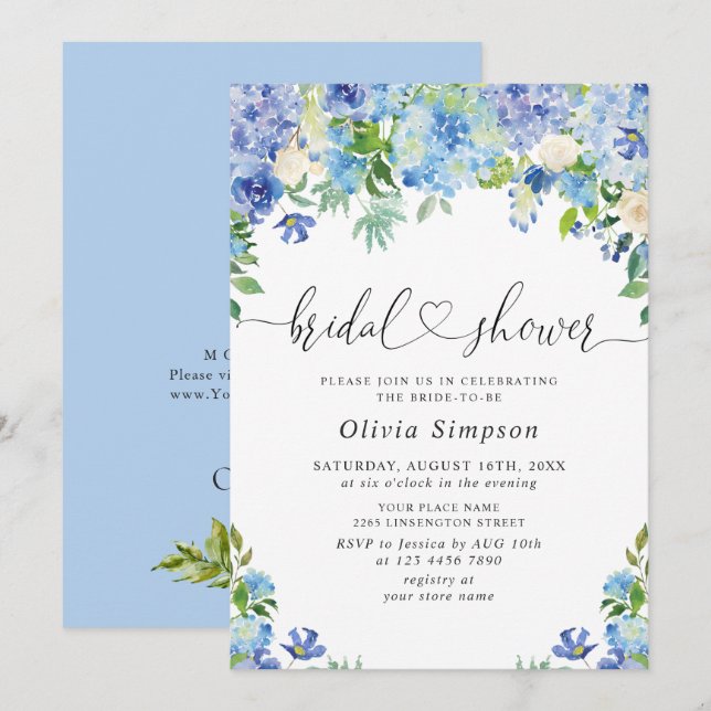 Blue Hydrangea Greenery Watercolor Bridal Shower Invitation (Front/Back)