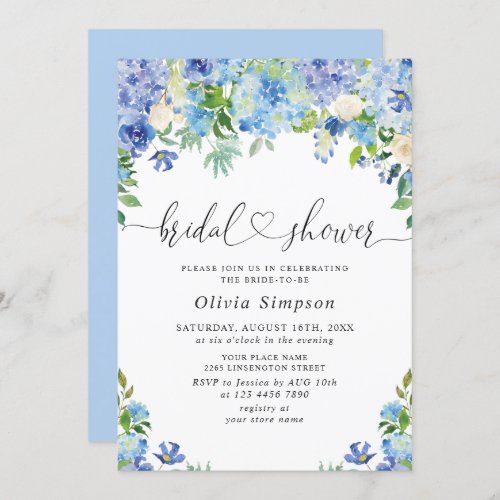 Blue Hydrangea Greenery Watercolor Bridal Shower Invitation