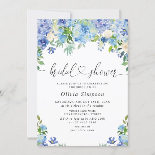 Blue Hydrangea Greenery Watercolor Bridal Shower Invitation