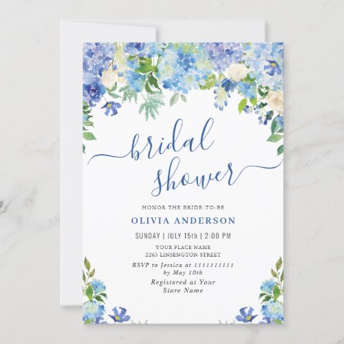 Blue Hydrangea Greenery Watercolor Bridal Shower Invitation