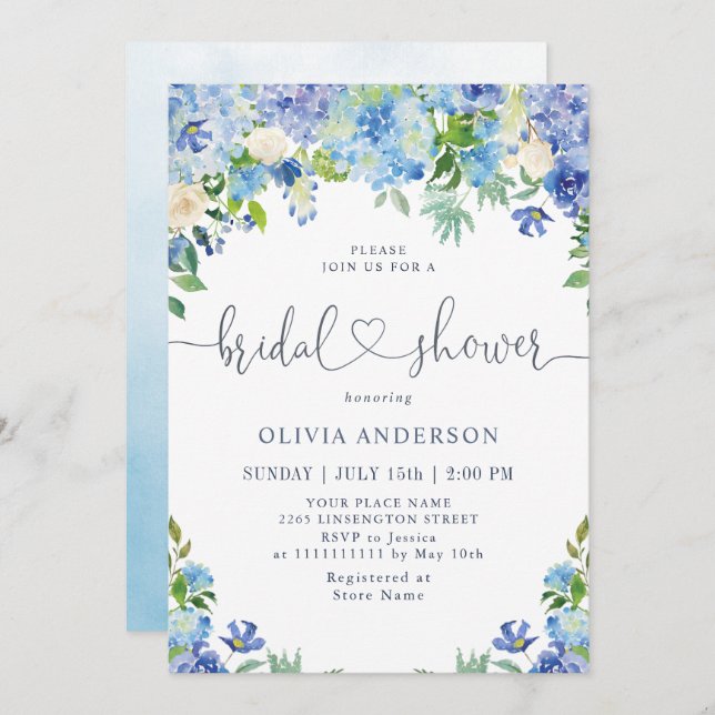 Blue Hydrangea Greenery Watercolor Bridal Shower Invitation (Front/Back)