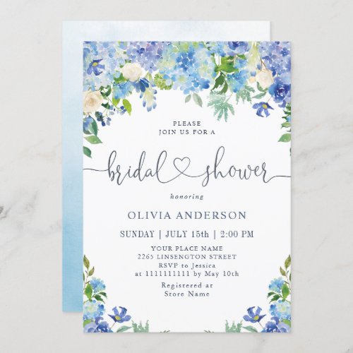 Blue Hydrangea Greenery Watercolor Bridal Shower Invitation