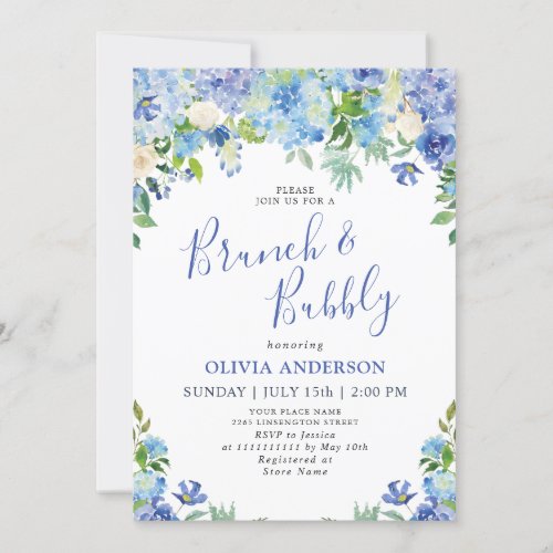 Blue Hydrangea Greenery Watercolor Brunch  Bubbly Invitation