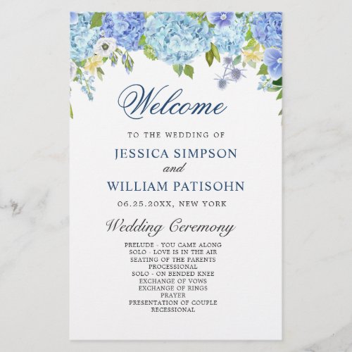 Blue Hydrangea Greenery Wedding Ceremony Program