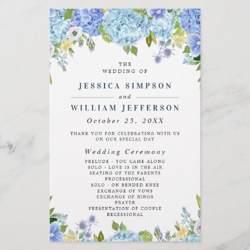 Blue Hydrangea Greenery Wedding Ceremony Program