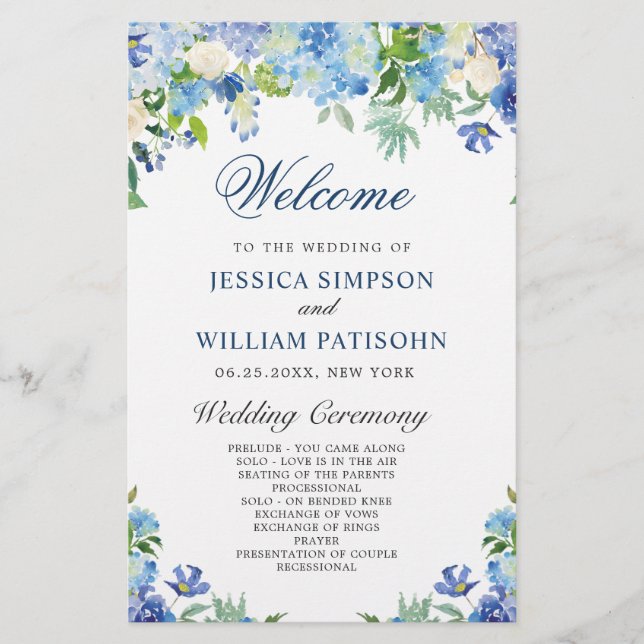 Blue Hydrangea Greenery Wedding Ceremony Program (Front)