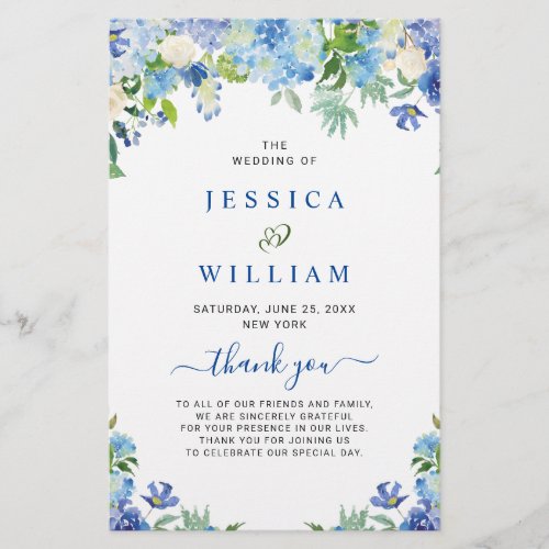 Blue Hydrangea Greenery Wedding Ceremony Program