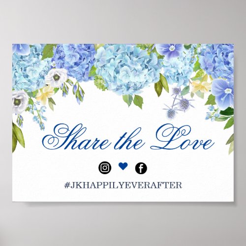 Blue Hydrangea Greenery Wedding Hashtag Sign