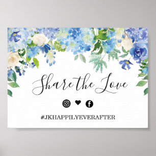 Blue Hydrangea Greenery Wedding Hashtag Sign