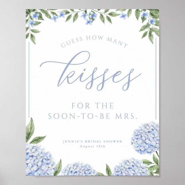 Blue Hydrangea Guess How Many Kisses Shower Game Poster (Front)