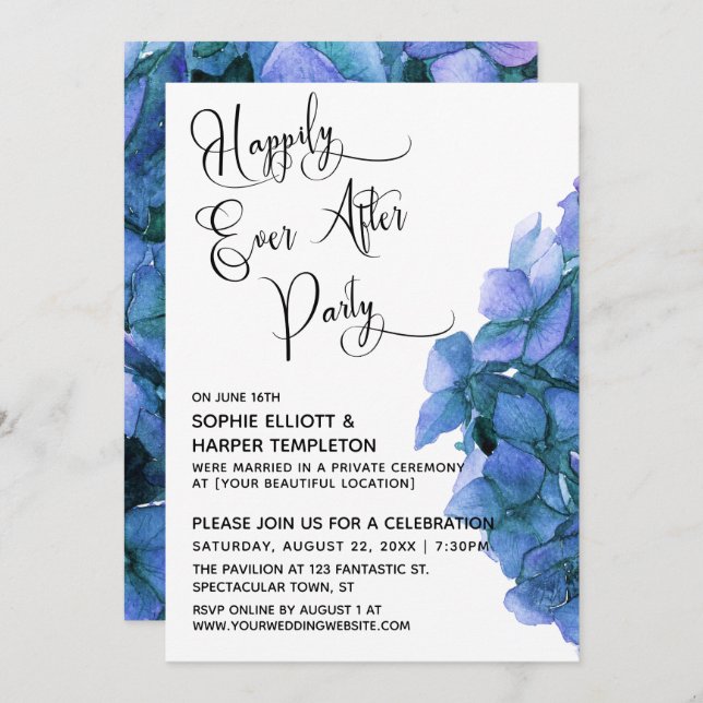 Blue Hydrangea Happily Ever After Party Reception Invitation (Front/Back)