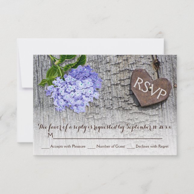 Blue hydrangea & heart on wood wedding RSVP (Front)