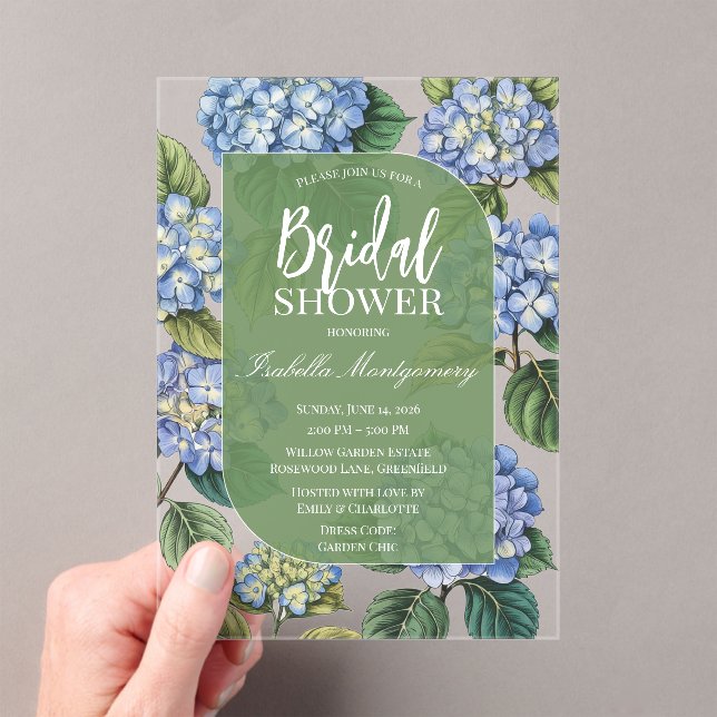 Blue Hydrangea Illustration Bridal Shower Acrylic Invitations (Insitu (Handheld))