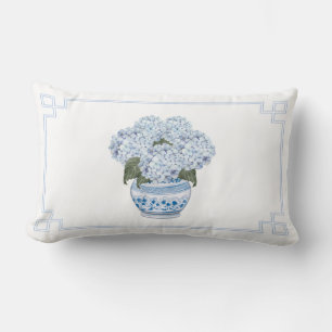 Blue Hydrangea in Chinoiserie Planter  Lumbar Pillow