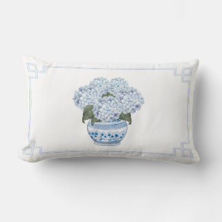 Blue Hydrangea in Chinoiserie Planter Lumbar Pillow