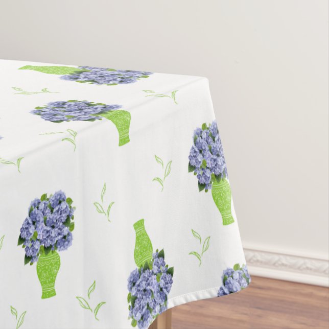 Blue Hydrangea in Green Vase Floral Pattern Tablecloth (In Situ)