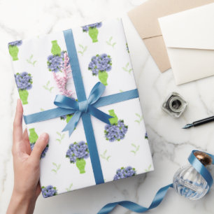 Blue Hydrangea in Green Vase Floral Pattern Wrapping Paper