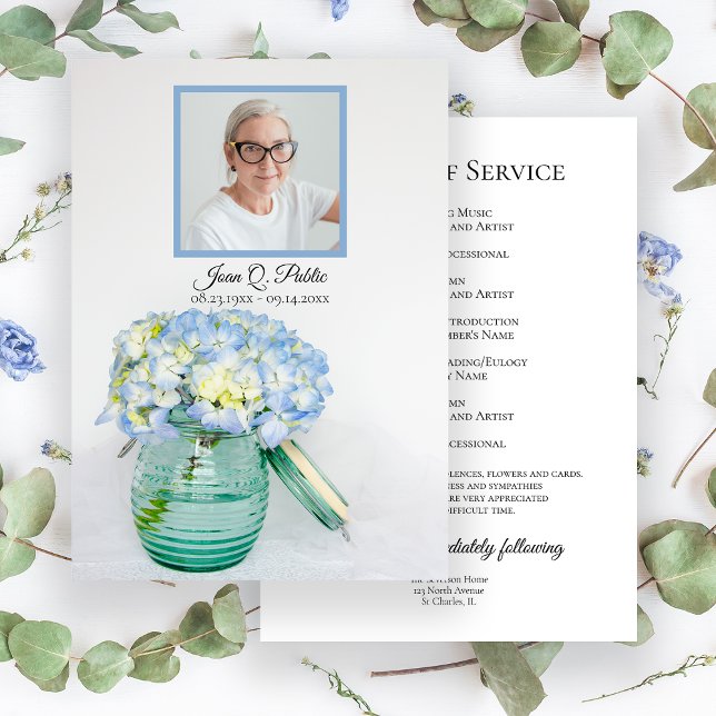 Blue Hydrangea in Jar Funeral Service Memorial Program (Creator Uploaded)