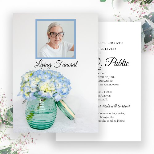 Blue Hydrangea in Jar Living Funeral Party Invitation