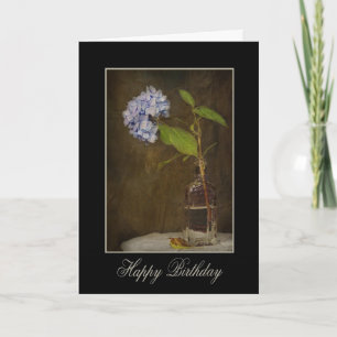 blue hydrangea in vintage bottle card