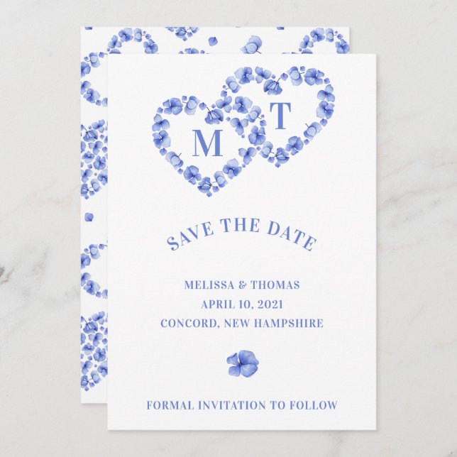Blue Hydrangea Intertwined Double Heart Save The Date (Front/Back)