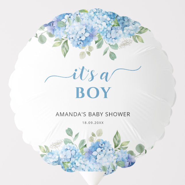 Blue Hydrangea It's a Boy Baby Shower Balloon (Front)