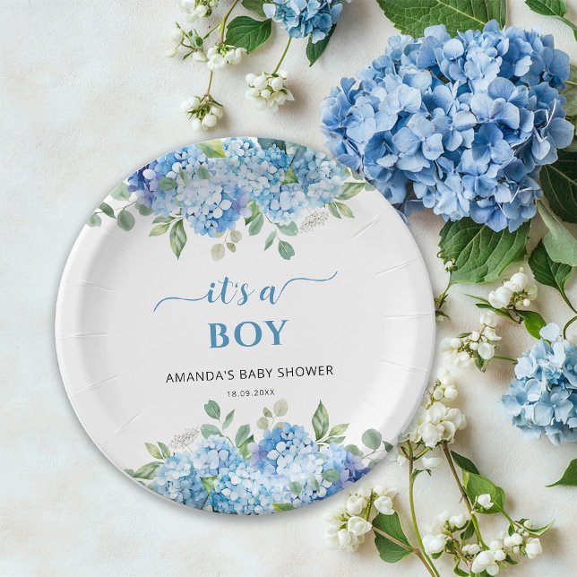 Blue Hydrangea It's a Boy Baby Shower Paper Plates (Creator Uploaded)