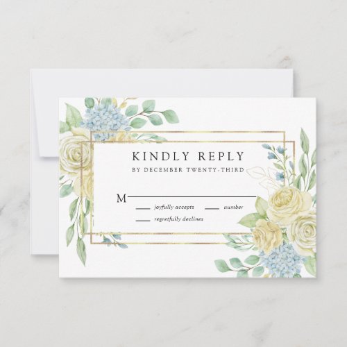 Blue Hydrangea Ivory Rose Floral Wedding RSVP Card